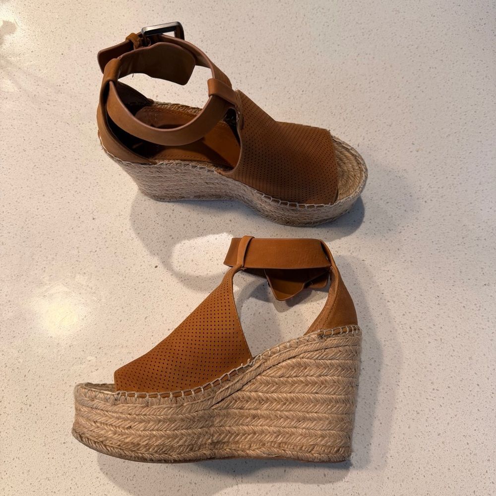 Marc Fisher Mlannie Tan Leather Espadrille Wedge Ankle Strap Sandal Size 5.5 - Picture 4 of 9